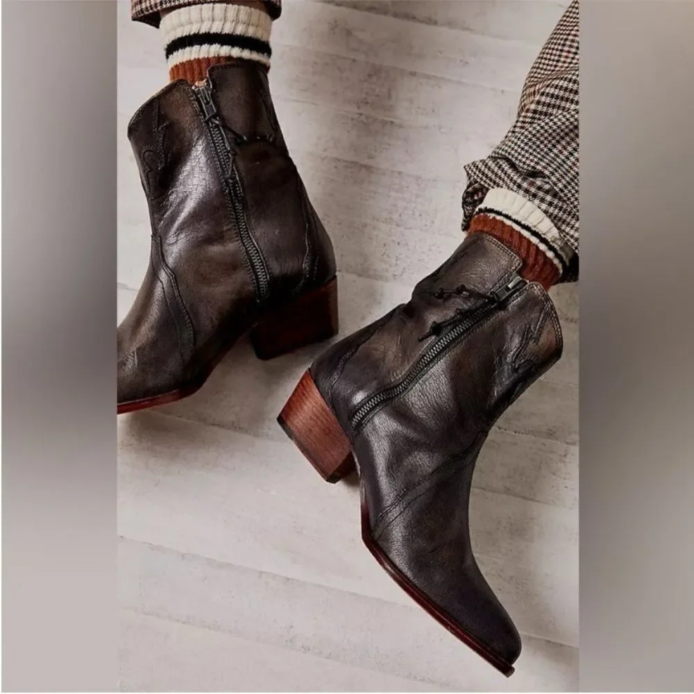 Free People New Frontier Black Leather Western Boots Booties US 8